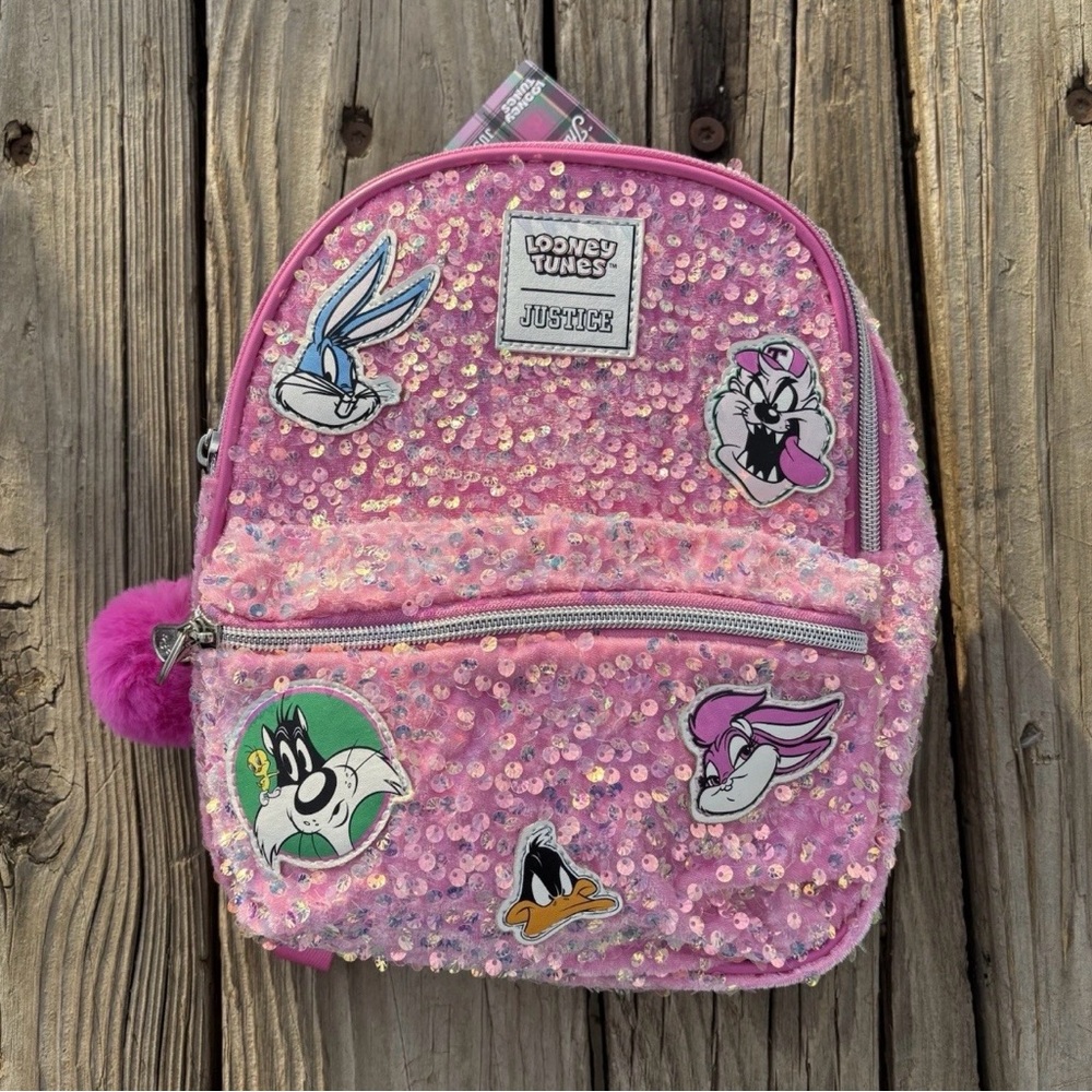 Justice Pink Sequin Looney Tunes Kids Backpack with Pom-Pom Charm